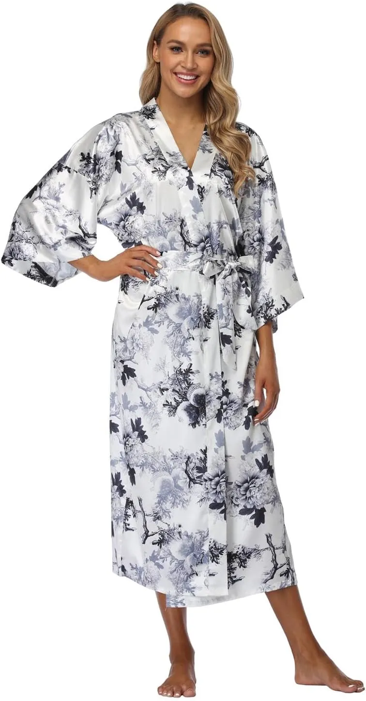DandyChic Kimono Robes For Women Floral Long Lightweight Silky Sleepwear bridal Dressing Gown