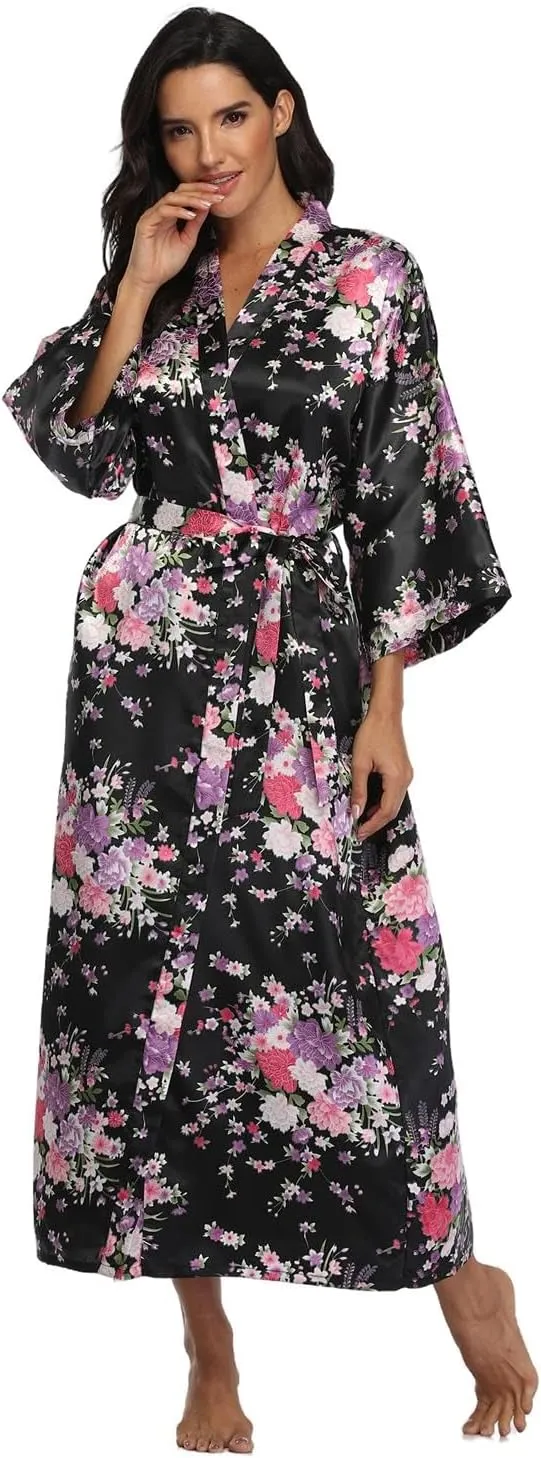 DandyChic Kimono Robes For Women Floral Long Lightweight Silky Sleepwear bridal Dressing Gown
