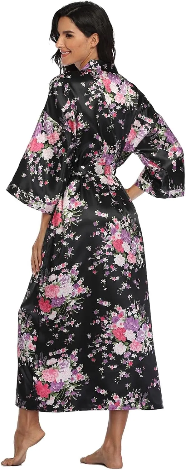 DandyChic Kimono Robes For Women Floral Long Lightweight Silky Sleepwear bridal Dressing Gown