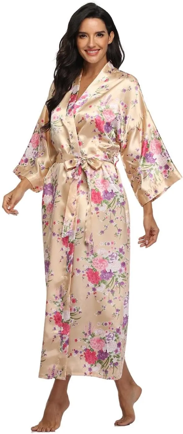 DandyChic Kimono Robes For Women Floral Long Lightweight Silky Sleepwear bridal Dressing Gown