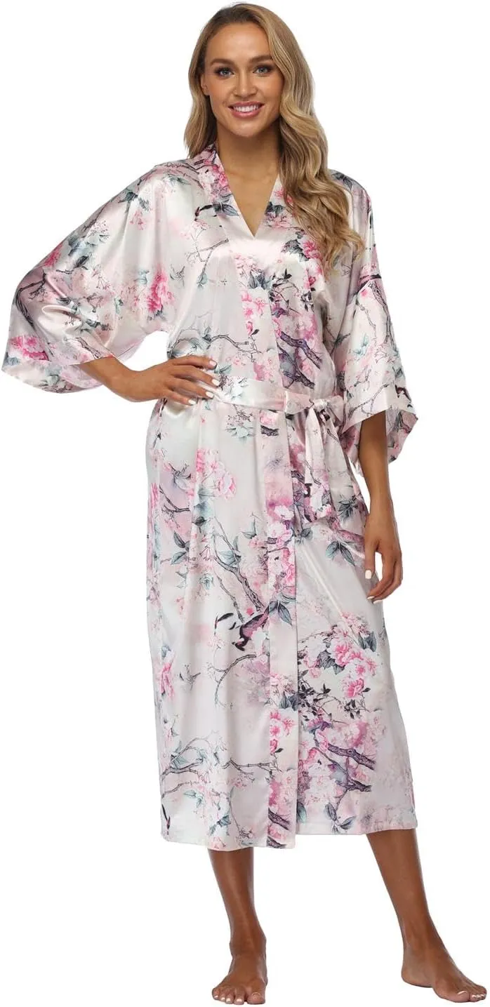 DandyChic Kimono Robes For Women Floral Long Lightweight Silky Sleepwear bridal Dressing Gown