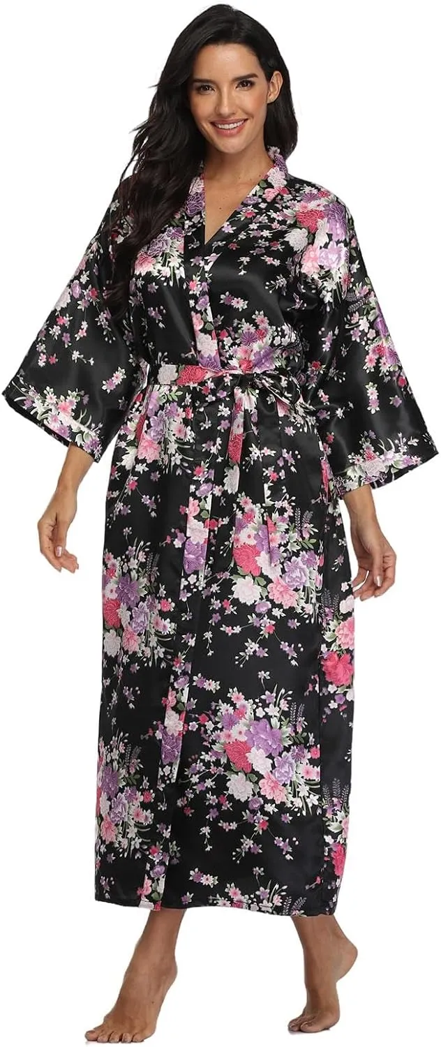 DandyChic Kimono Robes For Women Floral Long Lightweight Silky Sleepwear bridal Dressing Gown