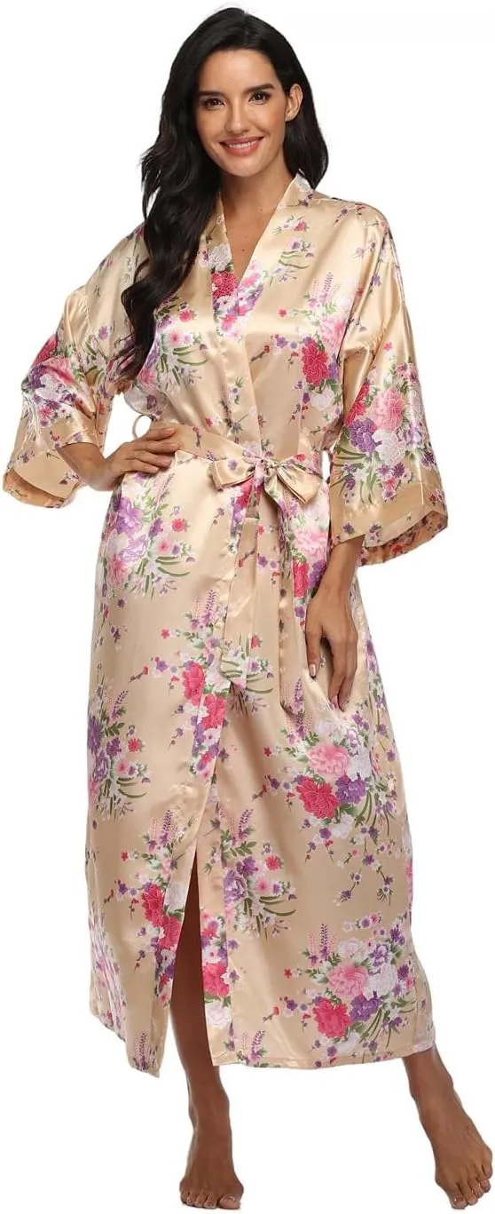 DandyChic Kimono Robes For Women Floral Long Lightweight Silky Sleepwear bridal Dressing Gown