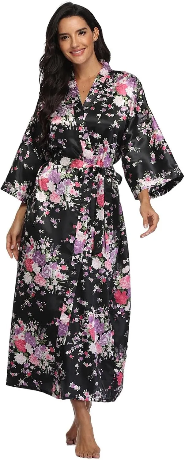 DandyChic Kimono Robes For Women Floral Long Lightweight Silky Sleepwear bridal Dressing Gown