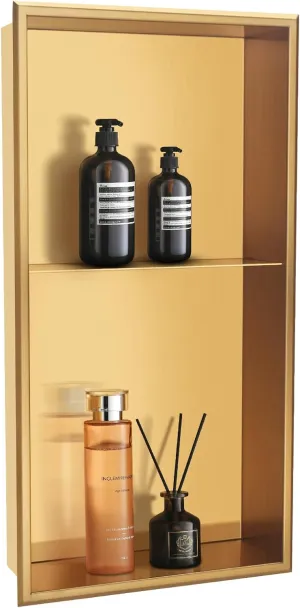 DAYONE Brushed Gold Shower Niche NO Tile Needed 12" X 24", Stainless Steel Bathroom Wall Niche Recessed Double Shelf Organizer, Modern in Wall Shower Storage Nook Insert