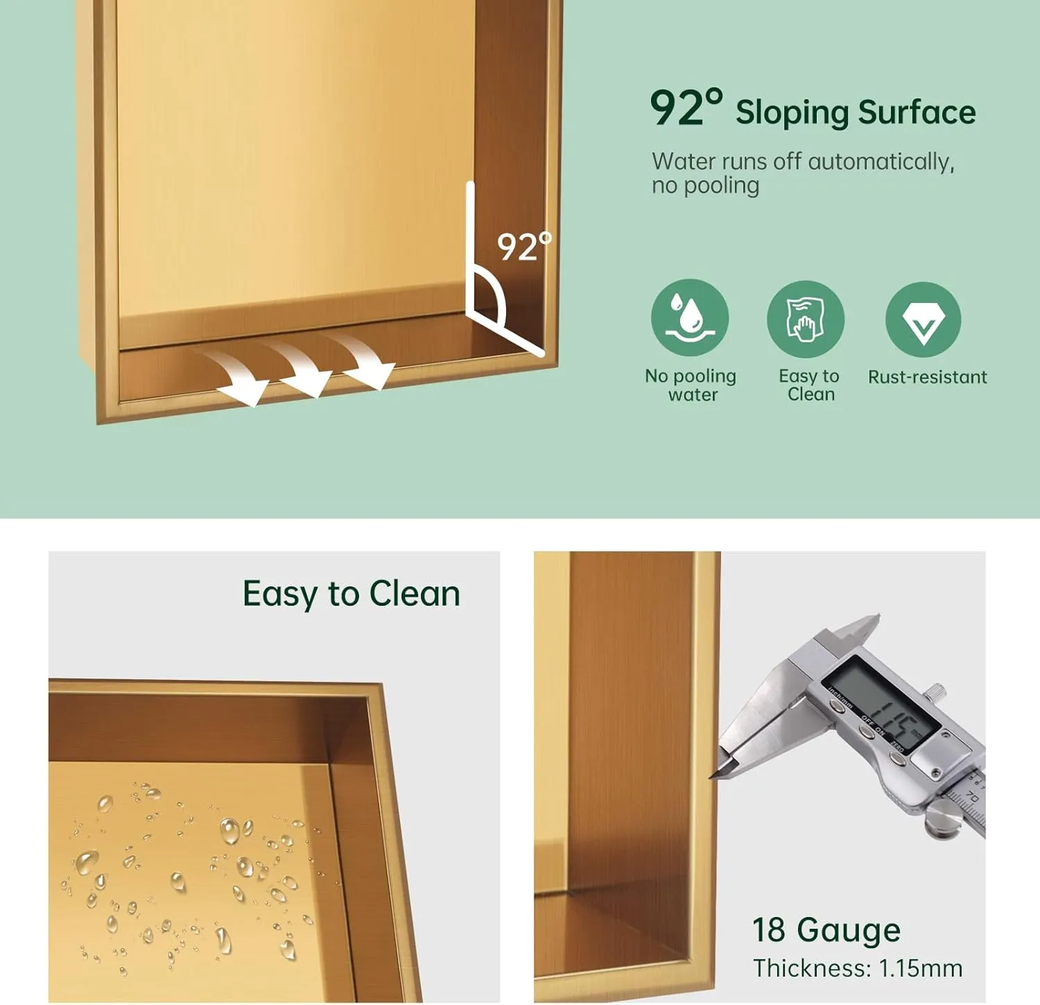 DAYONE Brushed Gold Shower Niche NO Tile Needed 12" X 24", Stainless Steel Bathroom Wall Niche Recessed Double Shelf Organizer, Modern in Wall Shower Storage Nook Insert