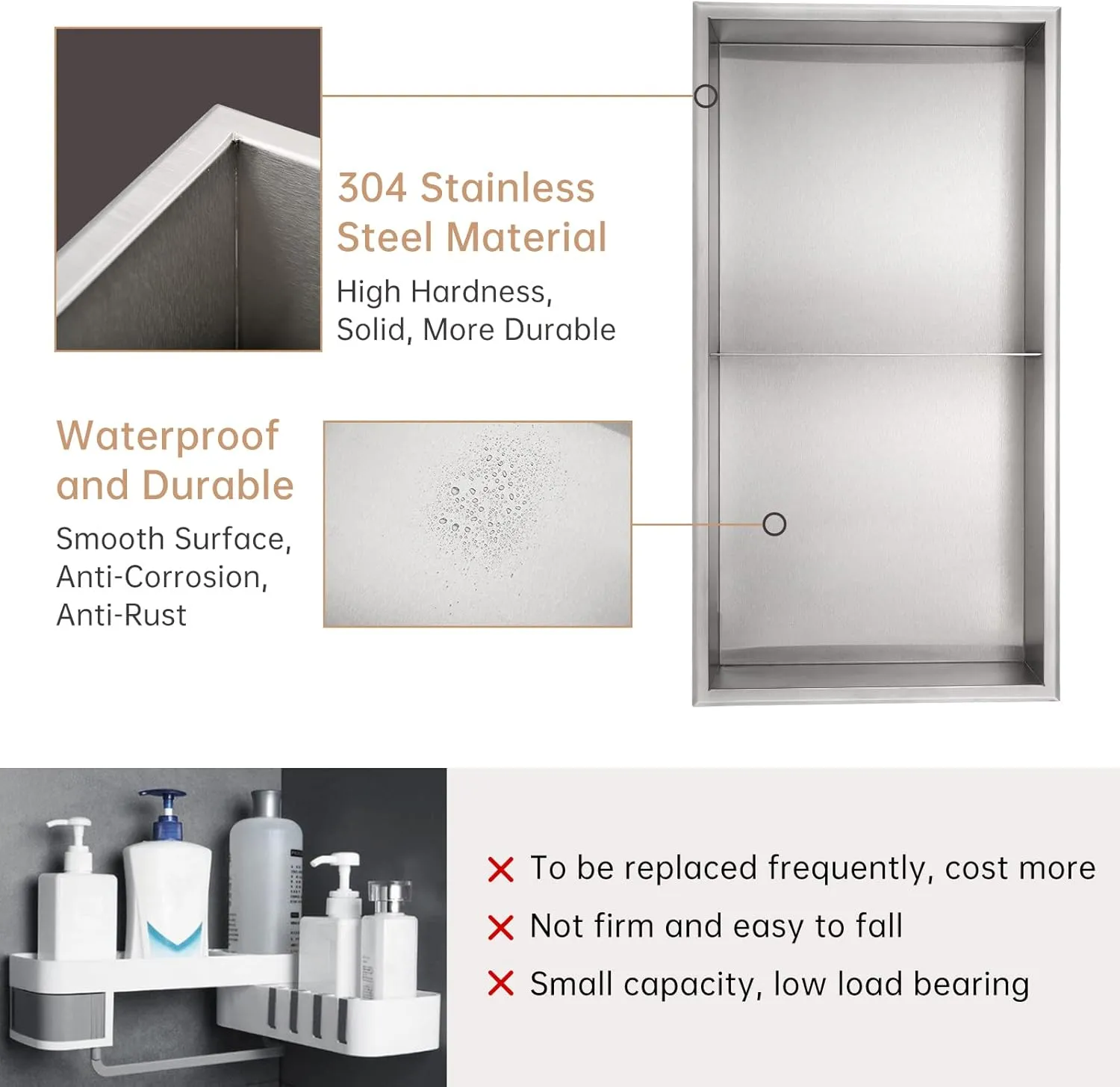 DAYONE Stainless Steel Shower Niche 12" X 24" NO Tile Needed, Brushed Nickel Bathroom Rectangular Wall Niche, Recessed Single Shelf Organizer Shower or Tub Storage Nook Insert
