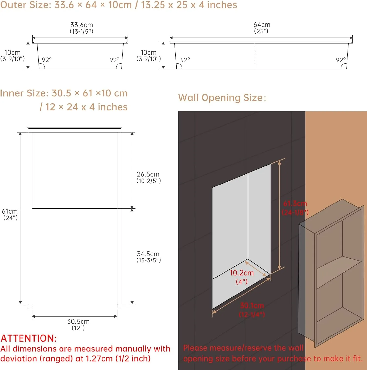 DAYONE Stainless Steel Shower Niche 12" X 24" NO Tile Needed, Brushed Nickel Bathroom Rectangular Wall Niche, Recessed Single Shelf Organizer Shower or Tub Storage Nook Insert
