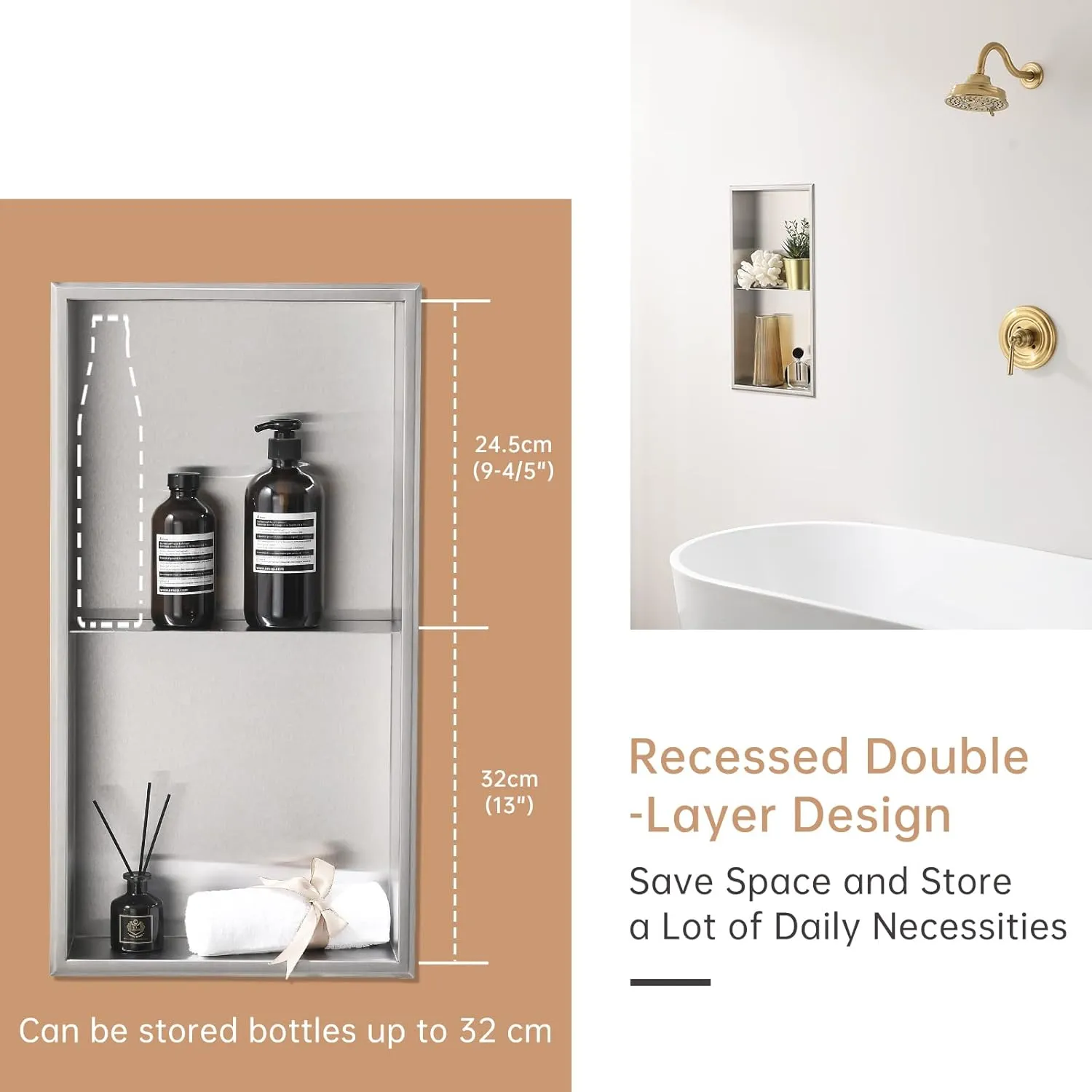 DAYONE Stainless Steel Shower Niche 12" X 24" NO Tile Needed, Brushed Nickel Bathroom Rectangular Wall Niche, Recessed Single Shelf Organizer Shower or Tub Storage Nook Insert