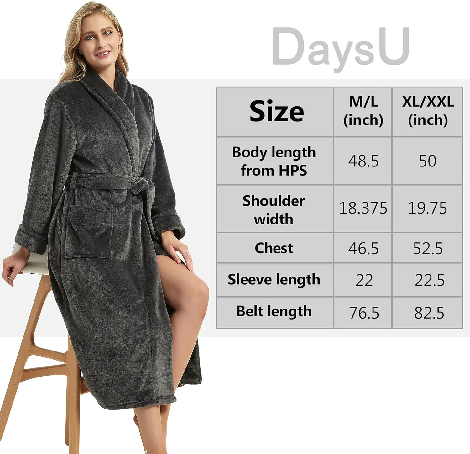 DaysU Bathrobe for Women Unisex, Lightweight Robe for Spa & Bath 100% polyester, 1 Piece