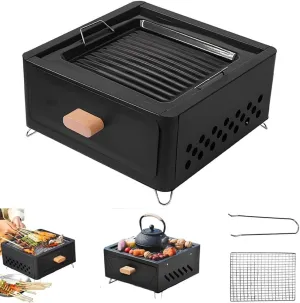 Desktop Charcoal Grill, Portable Table Top Small BBQ Grill, Tea Stove, Multi-Use Small Grill for Outdoor Cooking Camping Hiking Picnics Backpacking, Saving Space Grills, Home Camping Full Set(Black)