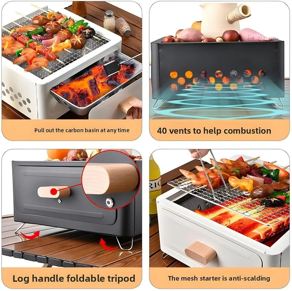 Desktop Charcoal Grill, Portable Table Top Small BBQ Grill, Tea Stove, Multi-Use Small Grill for Outdoor Cooking Camping Hiking Picnics Backpacking, Saving Space Grills, Home Camping Full Set(Black)