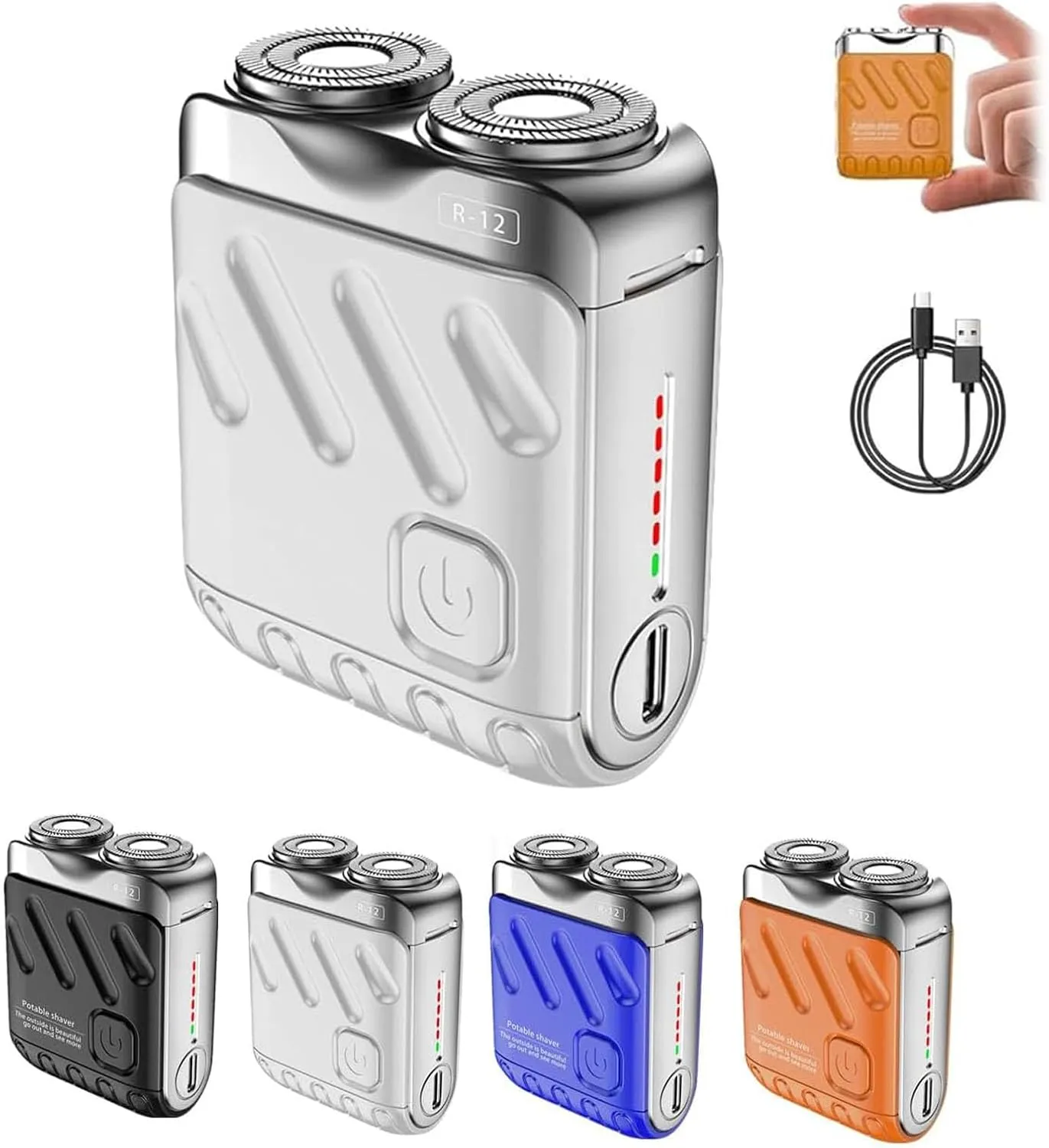 Detroitrain Men's Portable Mini Rotary Electric Shaver, Portable Rotary Dual Ring Electric Shaver, Mini Small Steel Cannon Rotarys Dual Ring Electri Razor for Men USB Rechargeable (White)