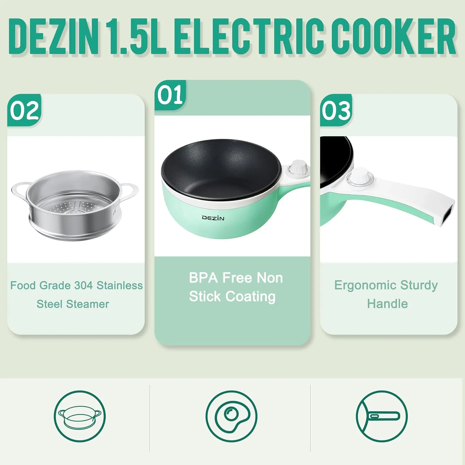 Dezin Hot Pot Electric with Steamer Upgraded, Non-Stick Sauté Pan, Rapid Noodles Electric Pot, 1.5L Mini Pot for Steak, Egg, Fried Rice, Ramen, Oatmeal, Soup with Power Adjustment