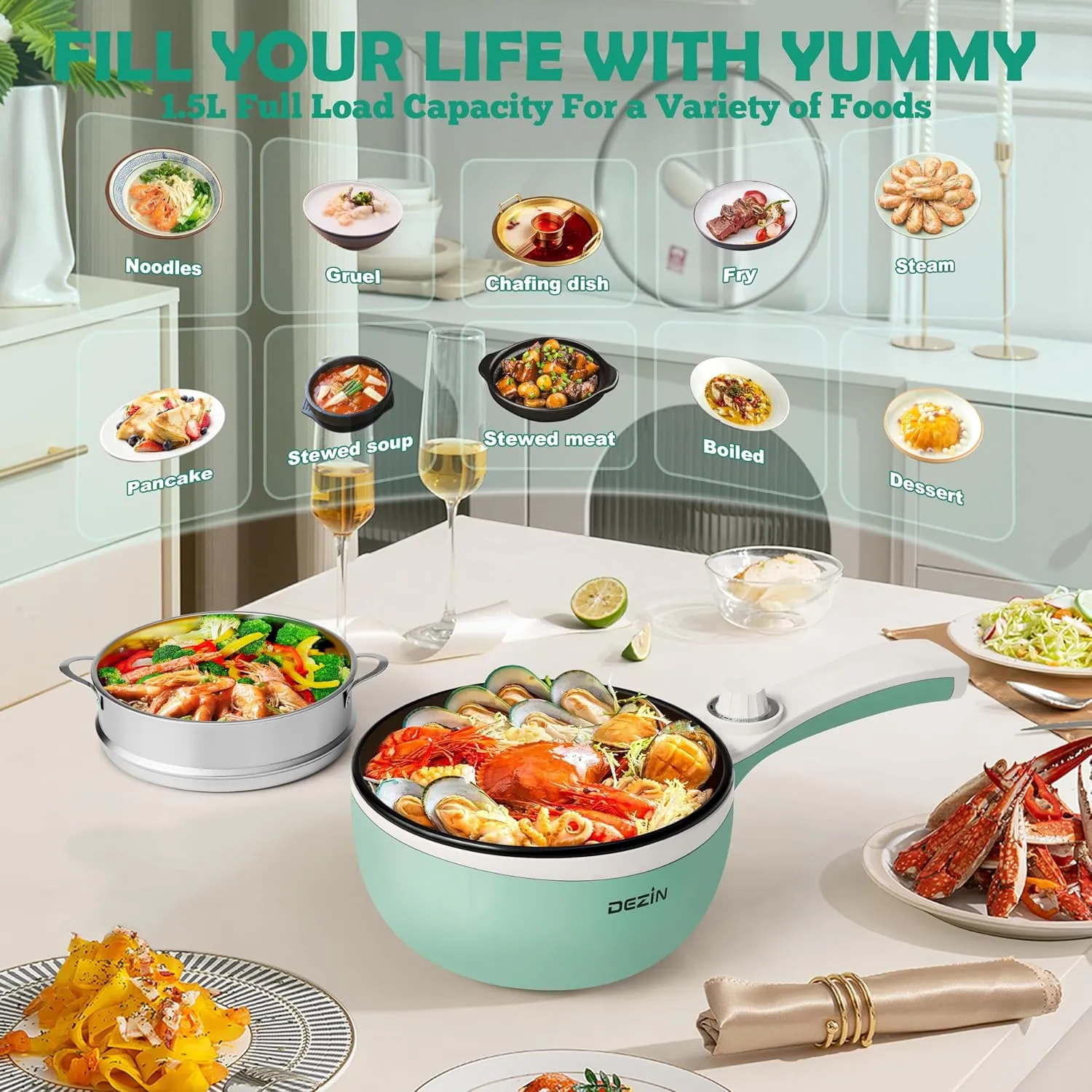 Dezin Hot Pot Electric with Steamer Upgraded, Non-Stick Sauté Pan, Rapid Noodles Electric Pot, 1.5L Mini Pot for Steak, Egg, Fried Rice, Ramen, Oatmeal, Soup with Power Adjustment