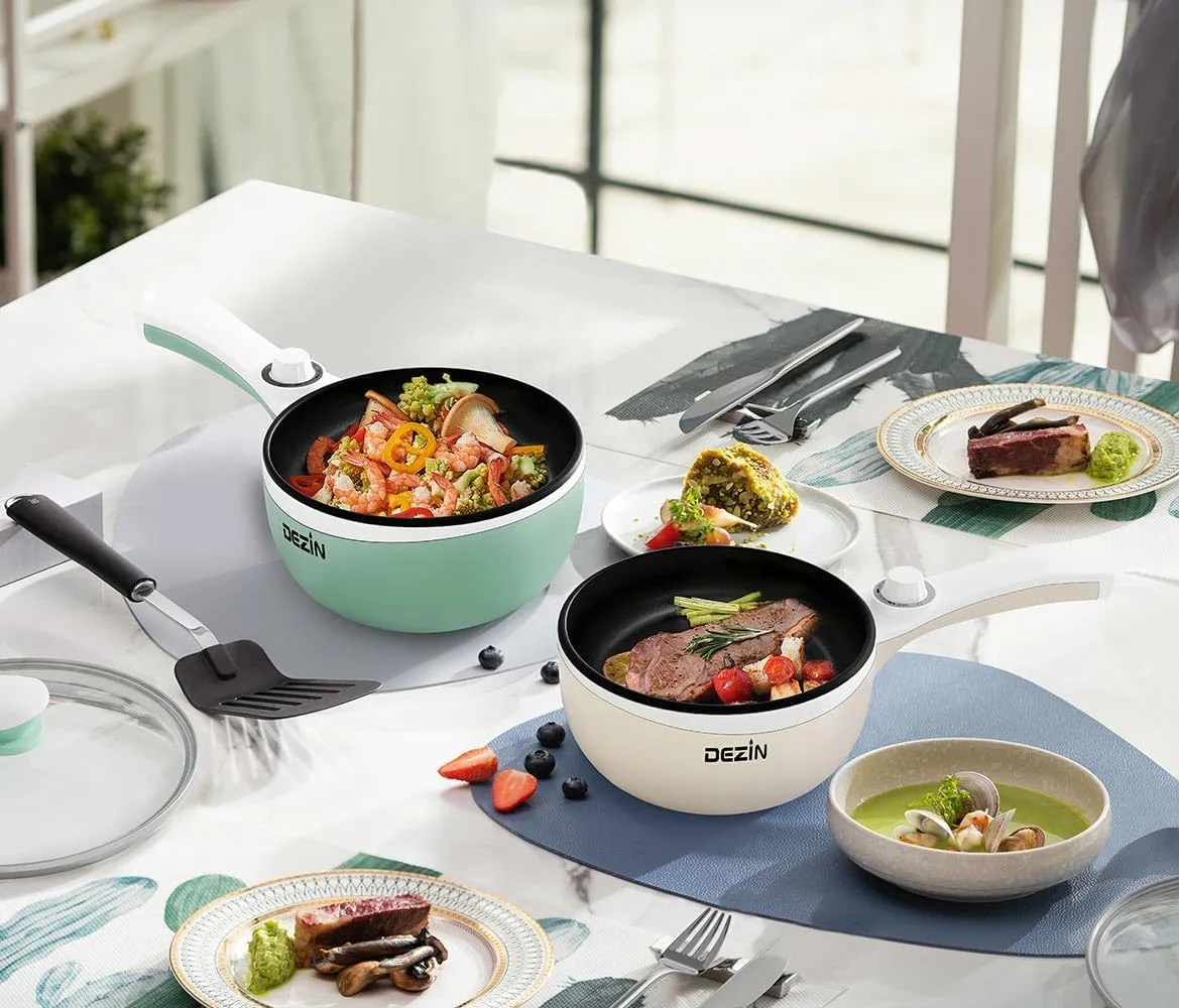 Dezin Hot Pot Electric with Steamer Upgraded, Non-Stick Sauté Pan, Rapid Noodles Electric Pot, 1.5L Mini Pot for Steak, Egg, Fried Rice, Ramen, Oatmeal, Soup with Power Adjustment