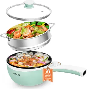 Dezin Hot Pot Electric with Steamer Upgraded, Non-Stick Sauté Pan, Rapid Noodles Electric Pot, 1.5L Mini Pot for Steak, Egg, Fried Rice, Ramen, Oatmeal, Soup with Power Adjustment