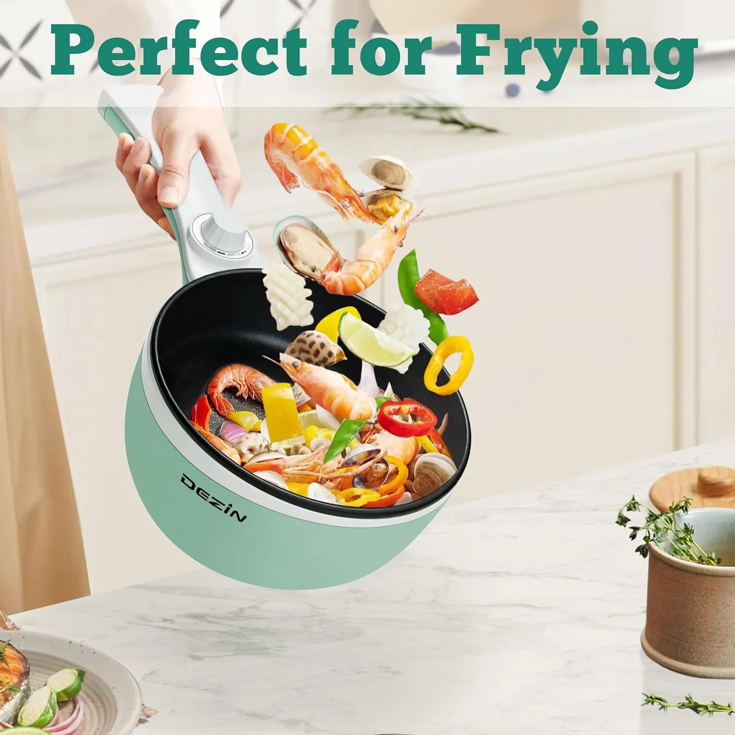 Dezin Hot Pot Electric with Steamer Upgraded, Non-Stick Sauté Pan, Rapid Noodles Electric Pot, 1.5L Mini Pot for Steak, Egg, Fried Rice, Ramen, Oatmeal, Soup with Power Adjustment