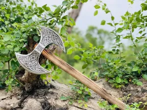 Double Headed Axe, Double Bit Bearded Axe with Carbon Steel Blade, Twin Blade Double Bit viking style with Ash Wood Handle, Birthday Gift, Double Sided Axe with Leather Sheath, Silver