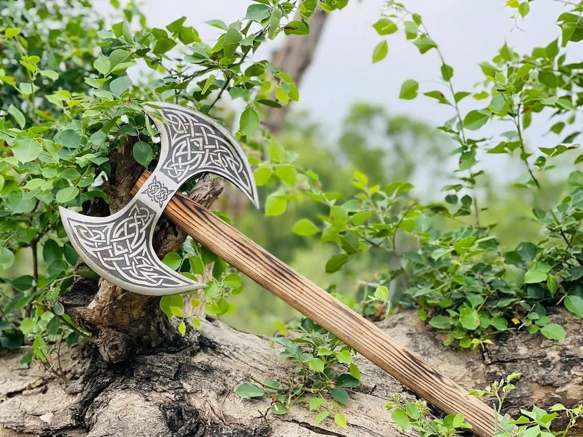 Double Headed Axe, Double Bit Bearded Axe with Carbon Steel Blade, Twin Blade Double Bit viking style with Ash Wood Handle, Birthday Gift, Double Sided Axe with Leather Sheath, Silver