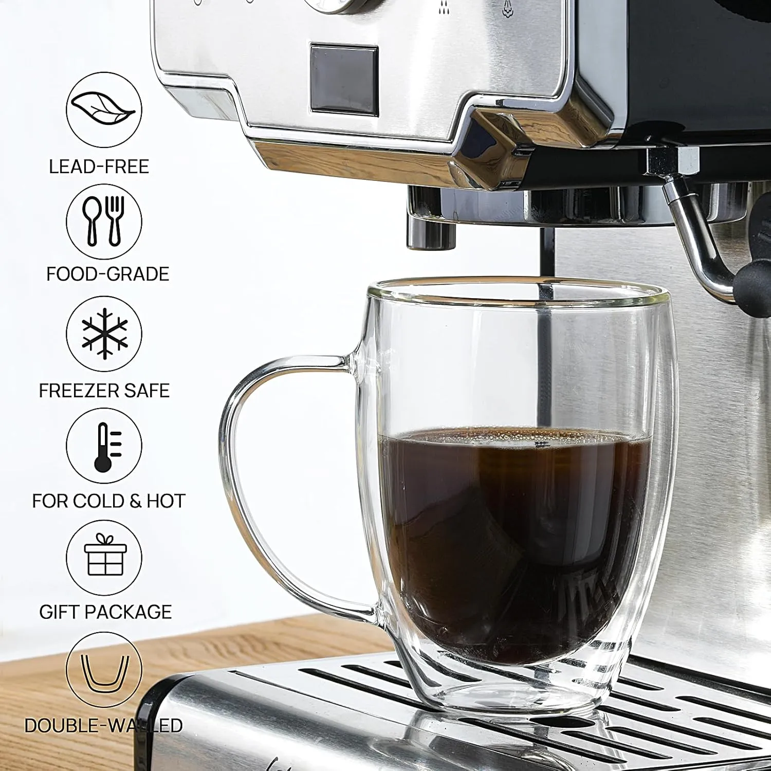 Double Wall Glass Coffee Mugs, Glass Coffee Mugs with Handle, Insulated Clear Coffee Mugs Set of 4, Perfect for Espresso, Cappuccino, Latte, Americano, Tea Bag, Beverage -12 Ounces