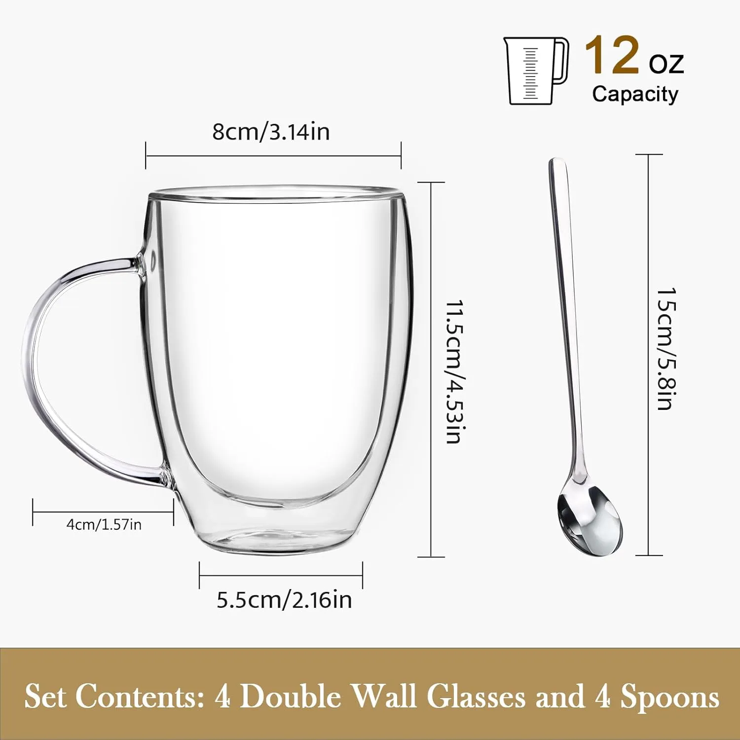 Double Wall Glass Coffee Mugs, Glass Coffee Mugs with Handle, Insulated Clear Coffee Mugs Set of 4, Perfect for Espresso, Cappuccino, Latte, Americano, Tea Bag, Beverage -12 Ounces