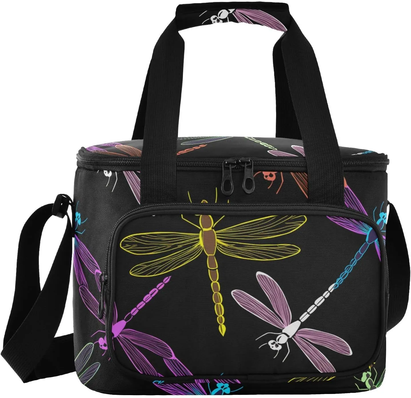 Dragonfly Black Insulated Cooler Bag for Women Men Leakproof 24 Can Camping Car Coolers for Beach Work Road Trip