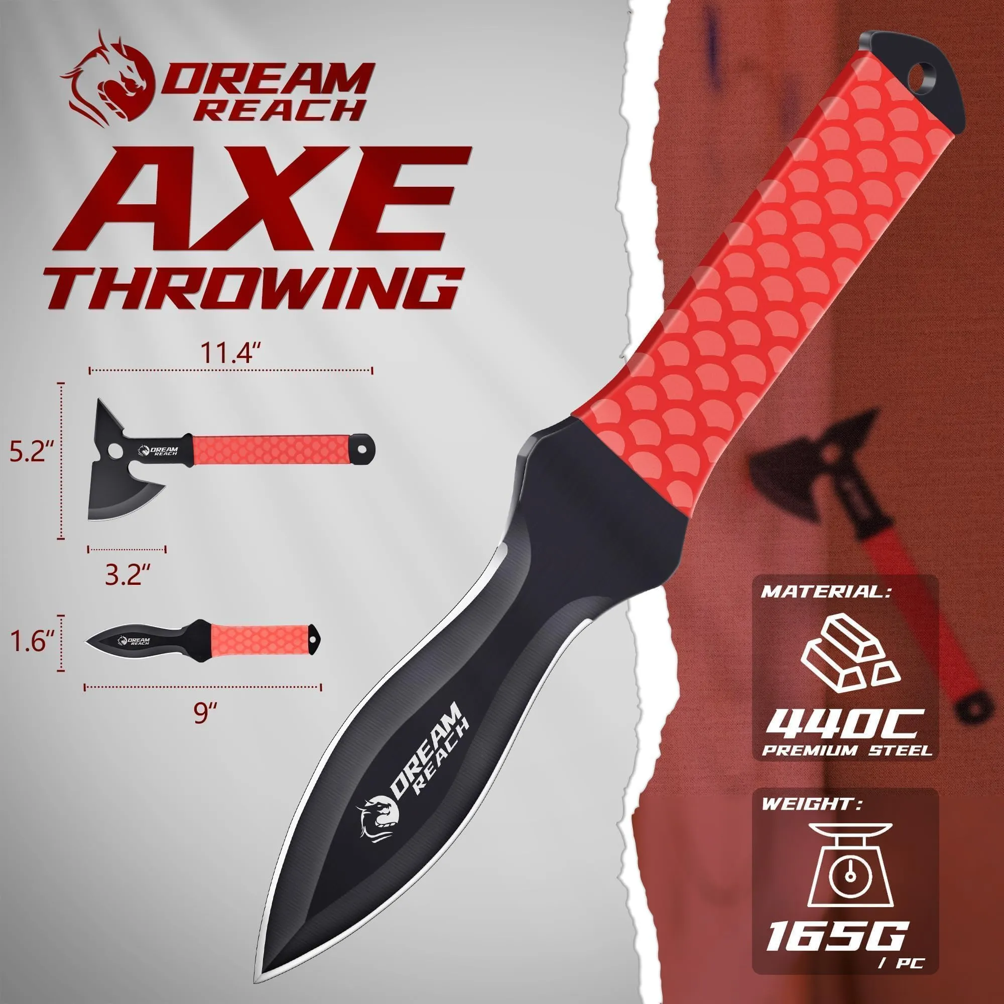Dream Reach 6-Pack Throwing Game Set, Including Safe Full Tang 3 PCS Throwing Axes with TPR Rubber Sleeve and Protective Sheaths for Recreation and Competition