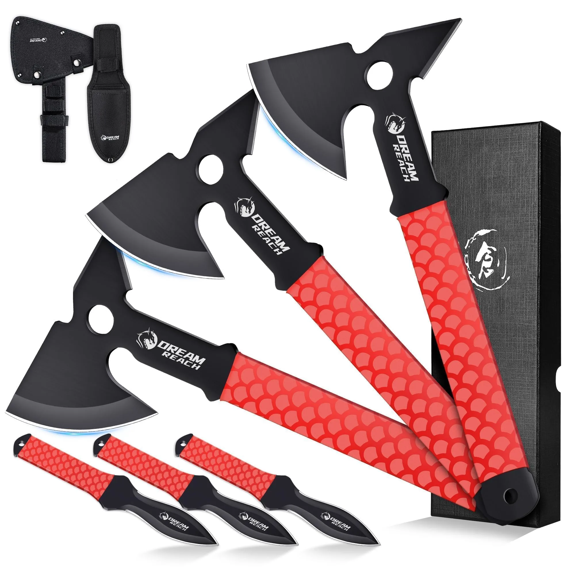 Dream Reach 6-Pack Throwing Game Set, Including Safe Full Tang 3 PCS Throwing Axes with TPR Rubber Sleeve and Protective Sheaths for Recreation and Competition