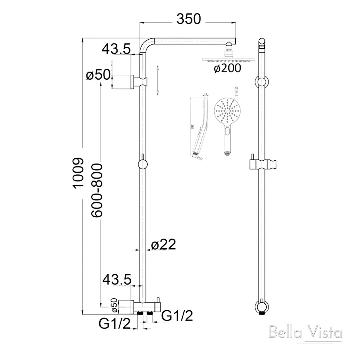 Dual Shower Rail with Rain Fall Head - Round Chrome