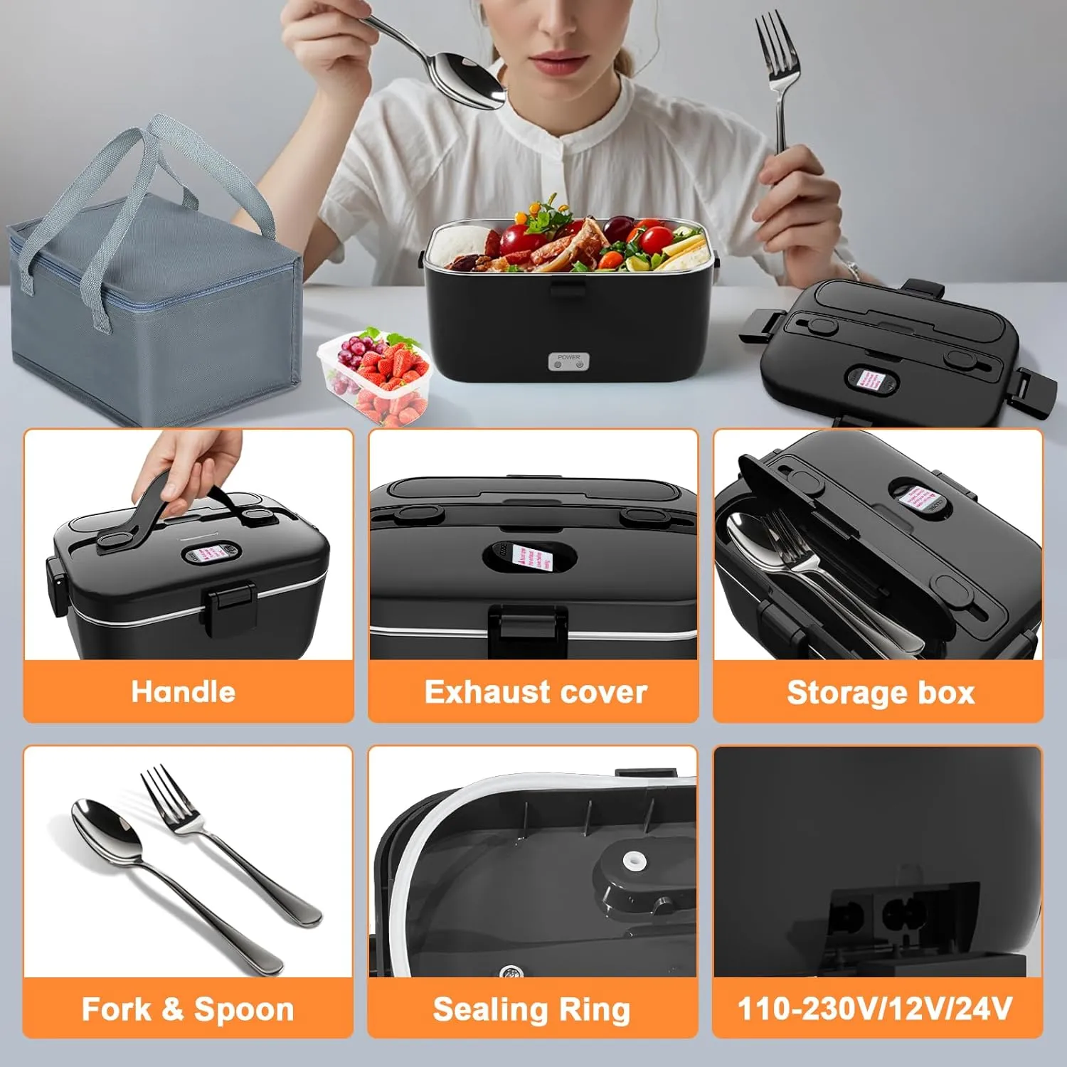 DUPASU Electric Lunch Box Food Warmer: 100W Heated Lunch Box for Adults, 1.8L Portable Fast Heating Lunchbox Food Heater for Car, Truck, Work, Travel, Lonchera Elctrica Porttil 12/24V/110-230V (Black)