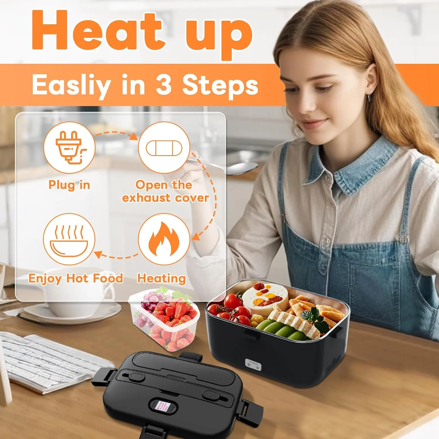 DUPASU Electric Lunch Box Food Warmer: 100W Heated Lunch Box for Adults, 1.8L Portable Fast Heating Lunchbox Food Heater for Car, Truck, Work, Travel, Lonchera Elctrica Porttil 12/24V/110-230V (Black)