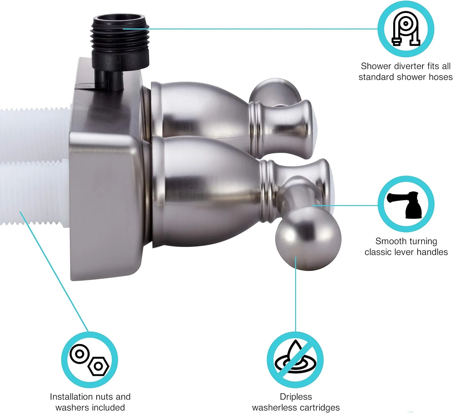 Dura Faucet DF-SA100L-SN RV Shower Faucet Valve Diverter with Hot/Cold Handles (Brushed Satin Nickel)