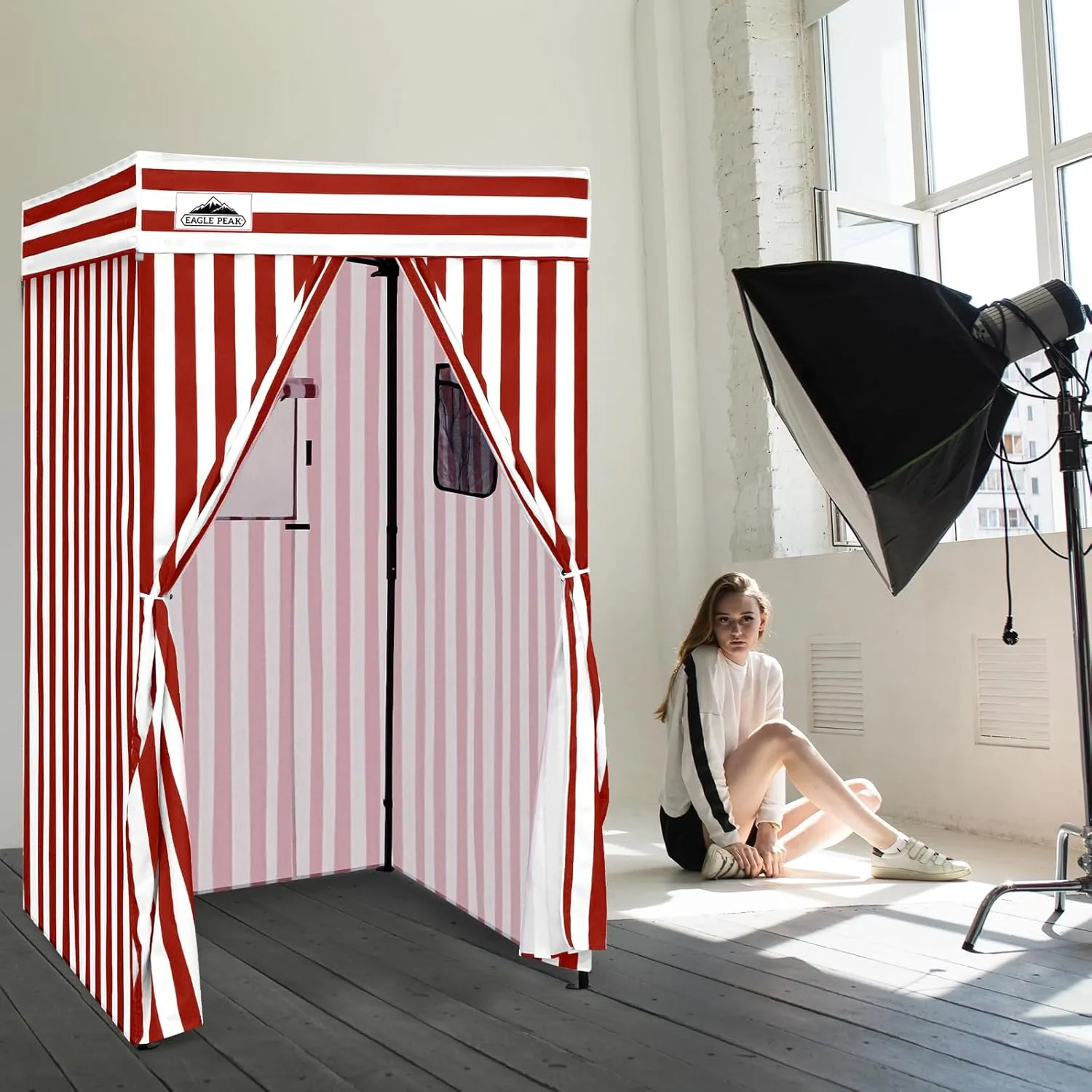 EAGLE PEAK Flex Compact 4x4 Pop-up Canopy Changing Room, Portable Privacy Dressing Room for Indoor Fashion Photoshoots, Camping, or Pool, White/Red