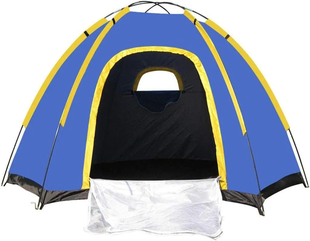 Easy to Assemble Hexagonal Camping Tent Large 3-4 People Waterproof Outdoor Lightweight Family Tent Blue