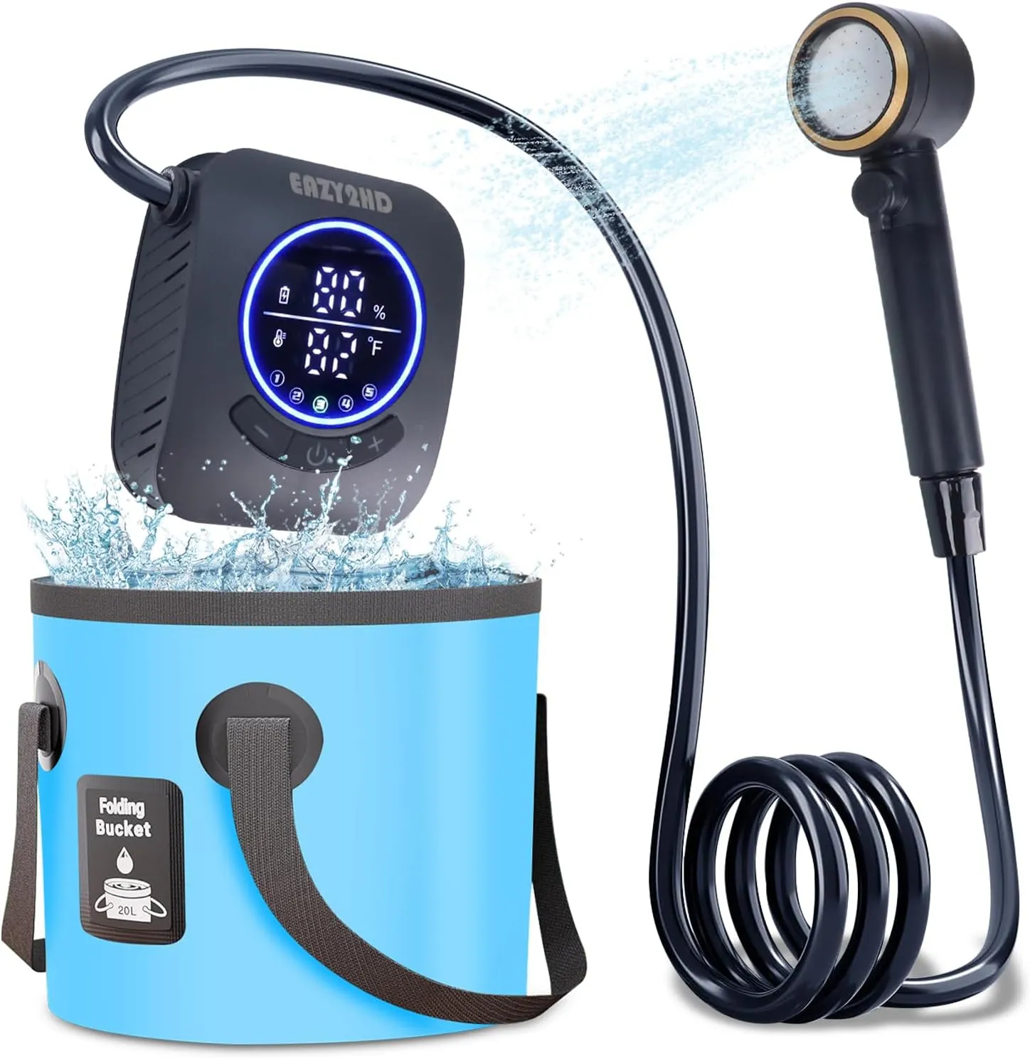 Eazy2hD Portable Camping Shower 8000mAh Rechargeable Outdoor Shower Pump, 4 Spray Modes, IPX8 Waterproof for Camping, Hiking, Pet Bath,Car Washing,Surf & Boat Cleaning (Shower Pump With Bucket)