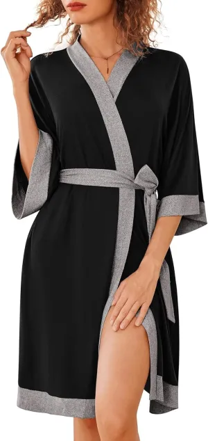 Ekouaer Robes for Women Knee Length Bathrobe Lightweight Kimono Robe 3/4 Sleeve Knit Sleepwear with Pockets