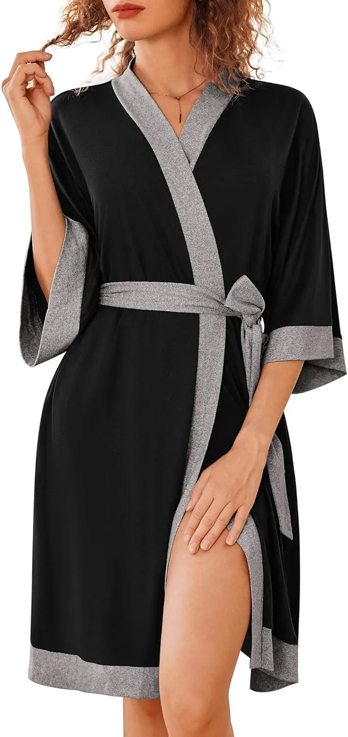 Ekouaer Robes for Women Knee Length Bathrobe Lightweight Kimono Robe 3/4 Sleeve Knit Sleepwear with Pockets