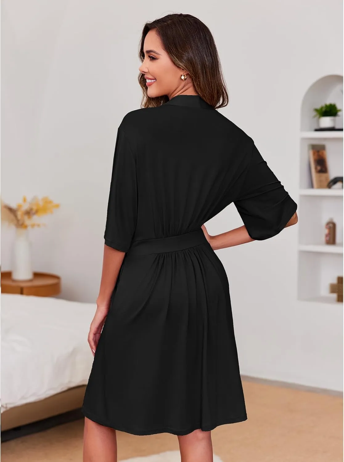 Ekouaer Short Robes for Women Lightweight Kimono Robes Knit Bathrobe Soft Sleepwear with Pockets S-XXL
