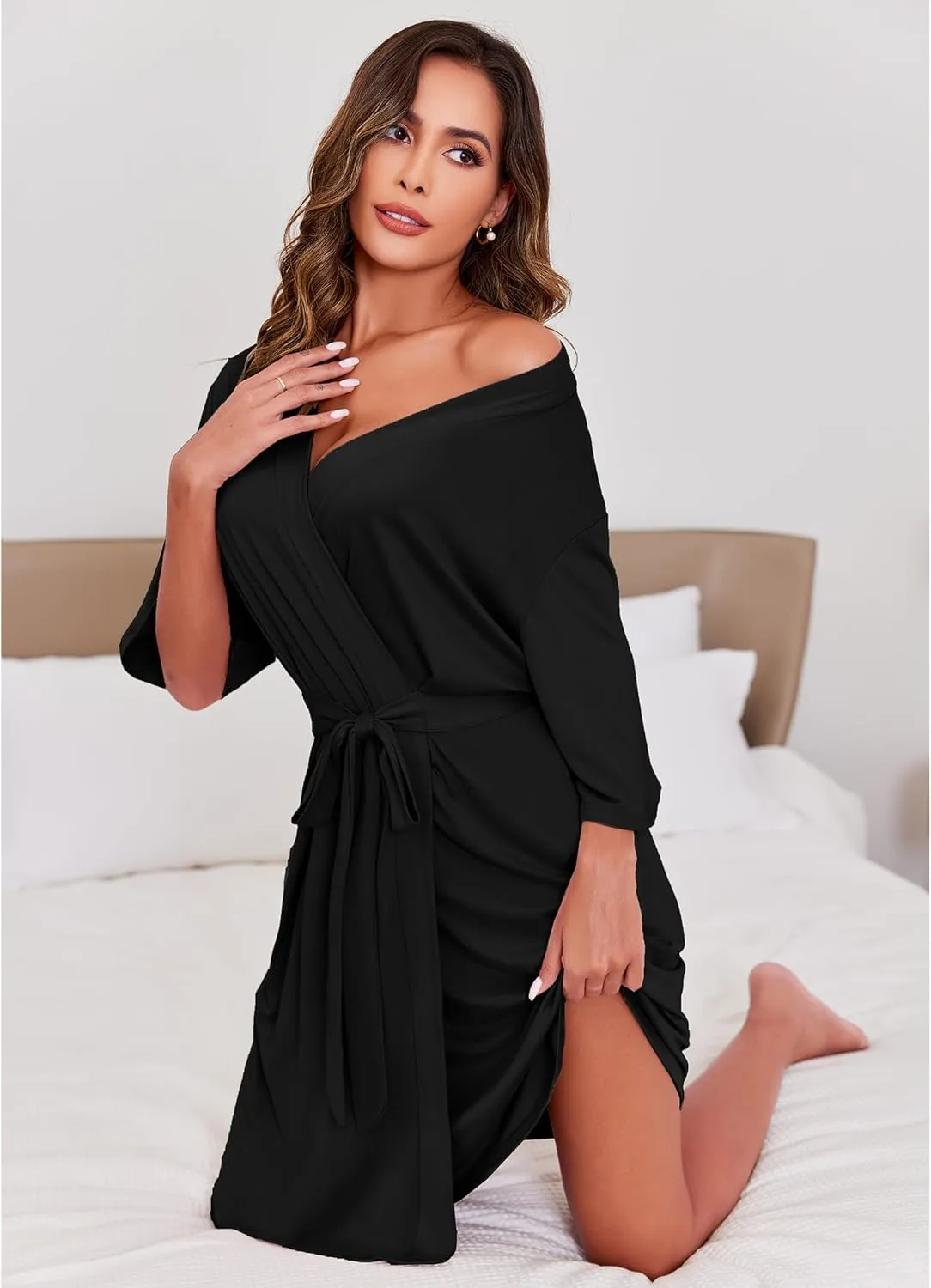 Ekouaer Short Robes for Women Lightweight Kimono Robes Knit Bathrobe Soft Sleepwear with Pockets S-XXL