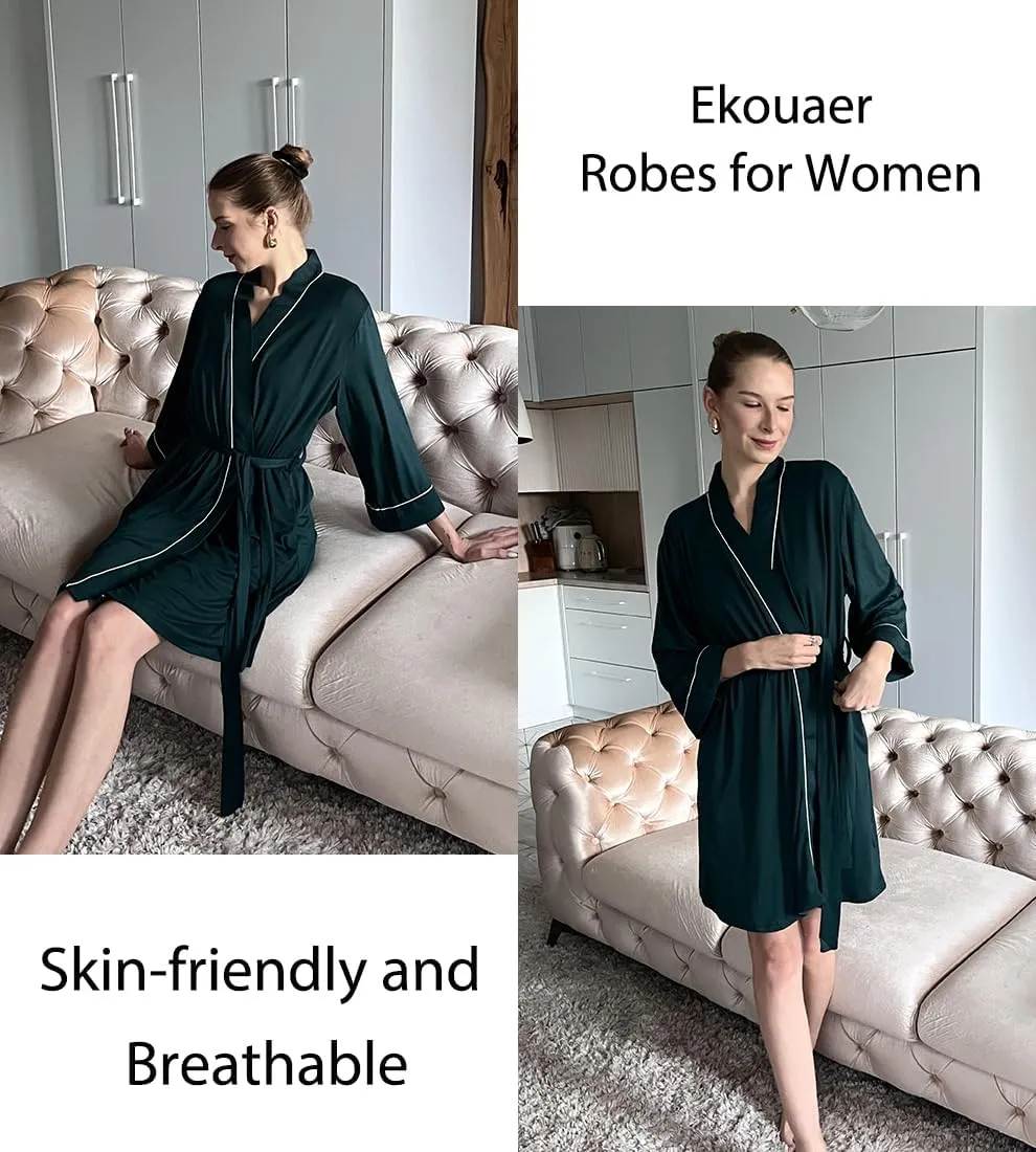 Ekouaer Women Kimono Robes Knee Length Knit Bathrobe Lightweight Soft Sleepwear V-neck Casual Ladies Loungewear