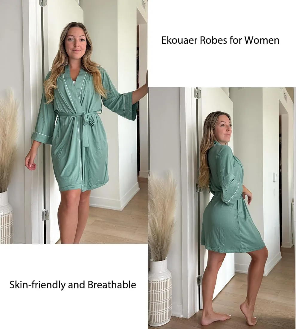 Ekouaer Women Kimono Robes Knee Length Knit Bathrobe Lightweight Soft Sleepwear V-neck Casual Ladies Loungewear