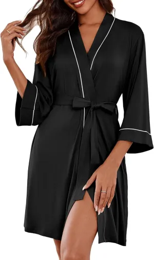 Ekouaer Women Kimono Robes Knee Length Knit Bathrobe Lightweight Soft Sleepwear V-neck Casual Ladies Loungewear