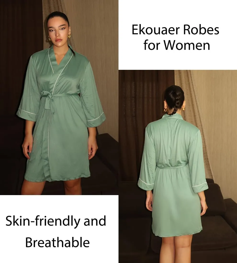 Ekouaer Women Kimono Robes Knee Length Knit Bathrobe Lightweight Soft Sleepwear V-neck Casual Ladies Loungewear