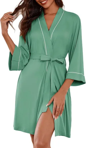 Ekouaer Women Kimono Robes Knee Length Knit Bathrobe Lightweight Soft Sleepwear V-neck Casual Ladies Loungewear