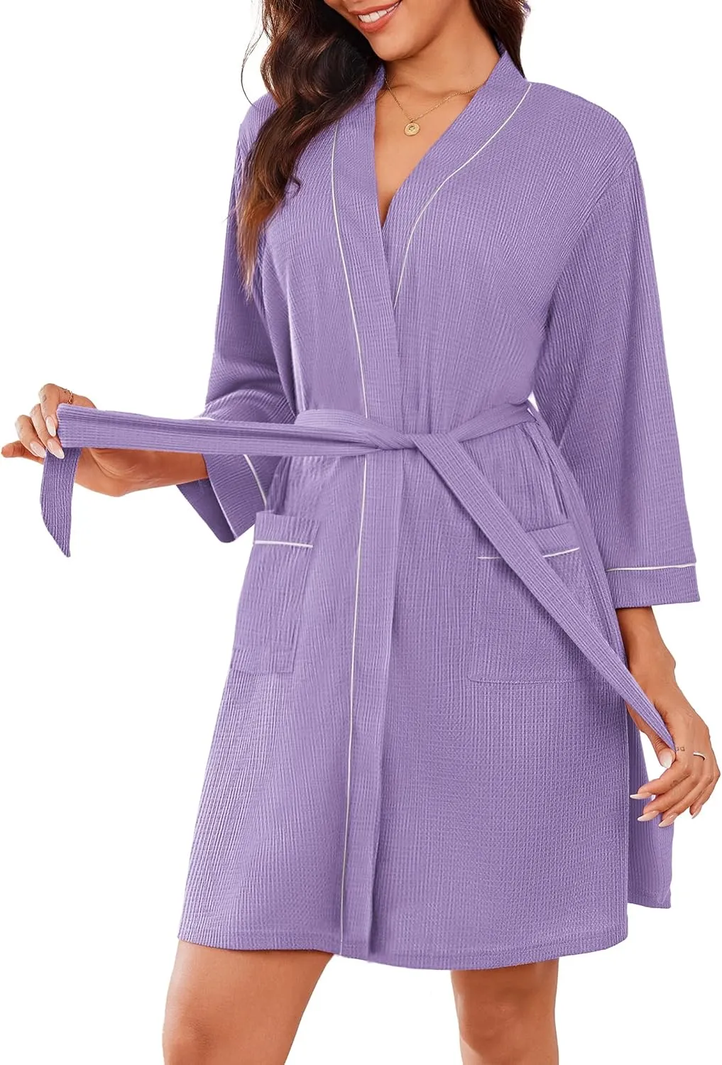 Ekouaer Women Robes Waffle Knee Length Bathrobe Lightweight Soft Sleepwear V neck 3/4 Sleeve Casual Ladies Loungewear S-XXL