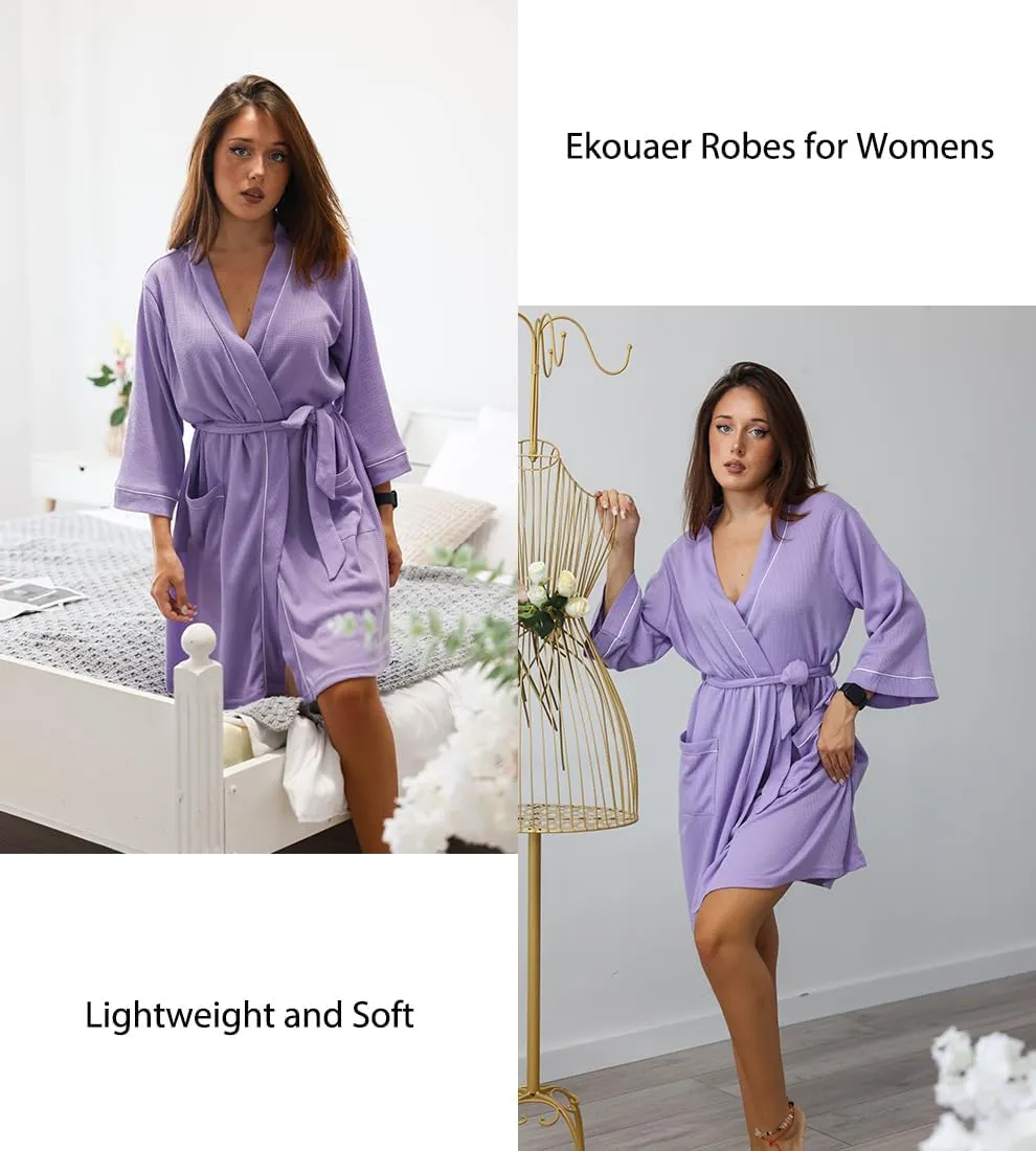 Ekouaer Women Robes Waffle Knee Length Bathrobe Lightweight Soft Sleepwear V neck 3/4 Sleeve Casual Ladies Loungewear S-XXL