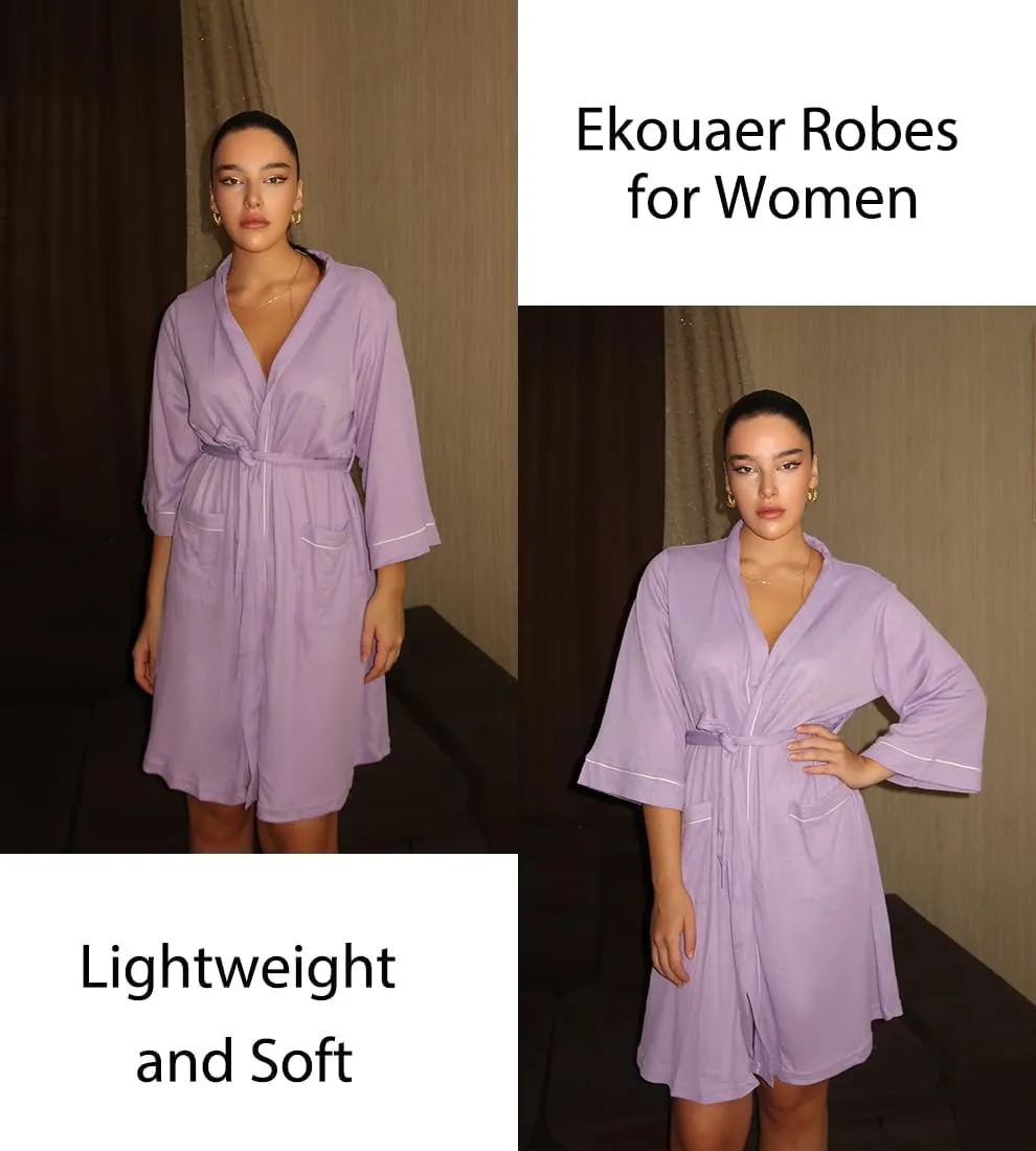 Ekouaer Women Robes Waffle Knee Length Bathrobe Lightweight Soft Sleepwear V neck 3/4 Sleeve Casual Ladies Loungewear S-XXL