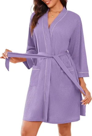 Ekouaer Women Robes Waffle Knee Length Bathrobe Lightweight Soft Sleepwear V neck 3/4 Sleeve Casual Ladies Loungewear S-XXL