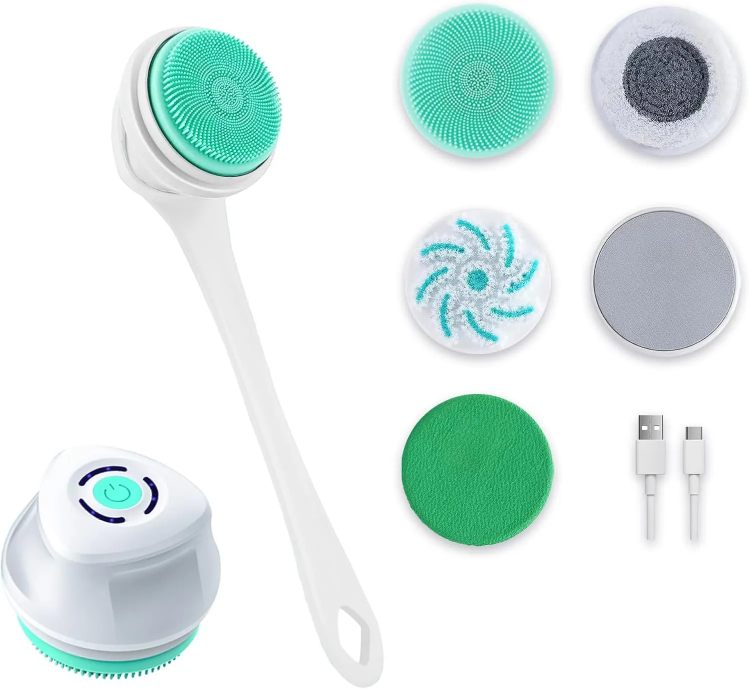 Electric Back Scrubber with Five Body Brush Head, Rechargeable ; Detachable Long Handle (White)
